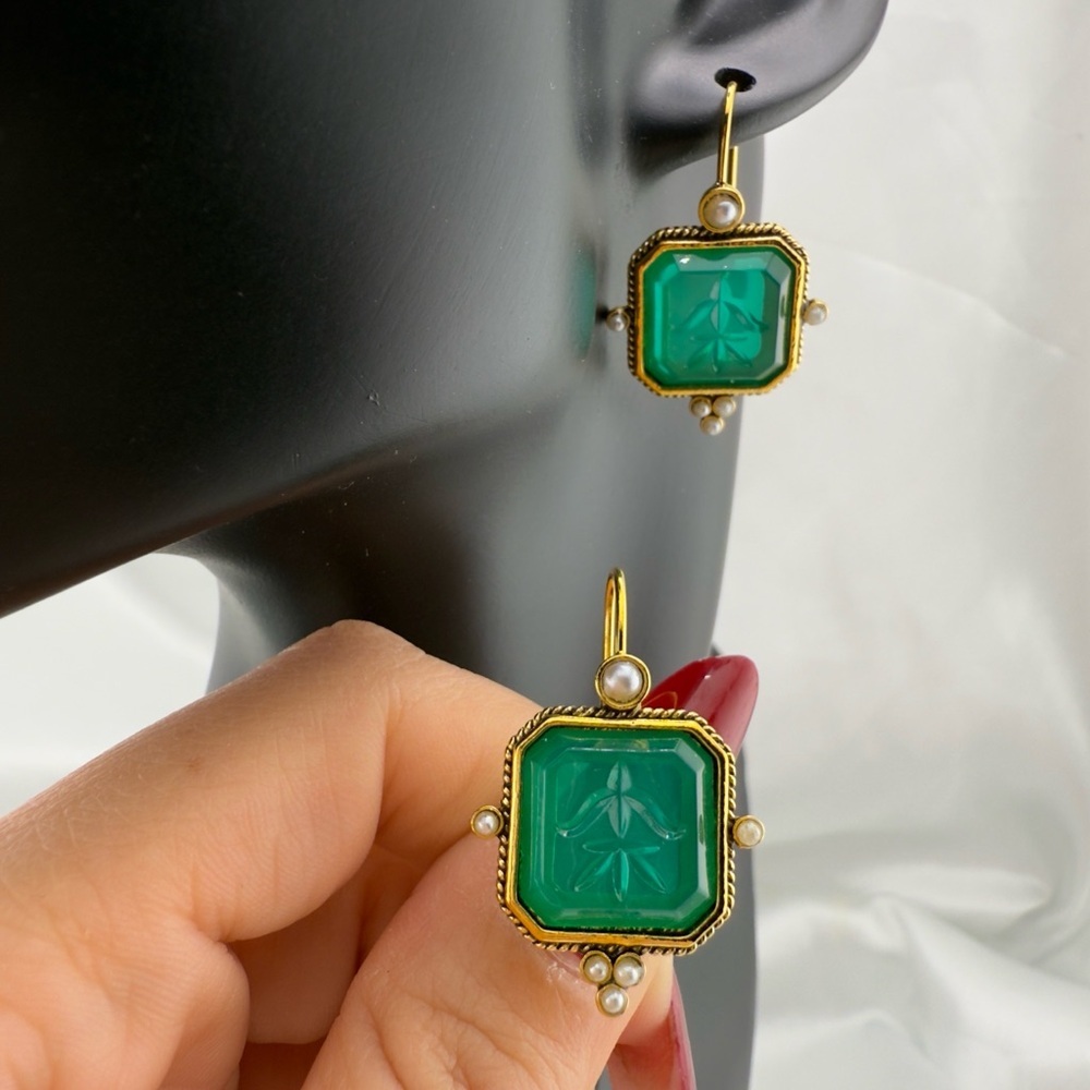 Anthropologie Elegant Green and Gold Earrings With Pearl Accents